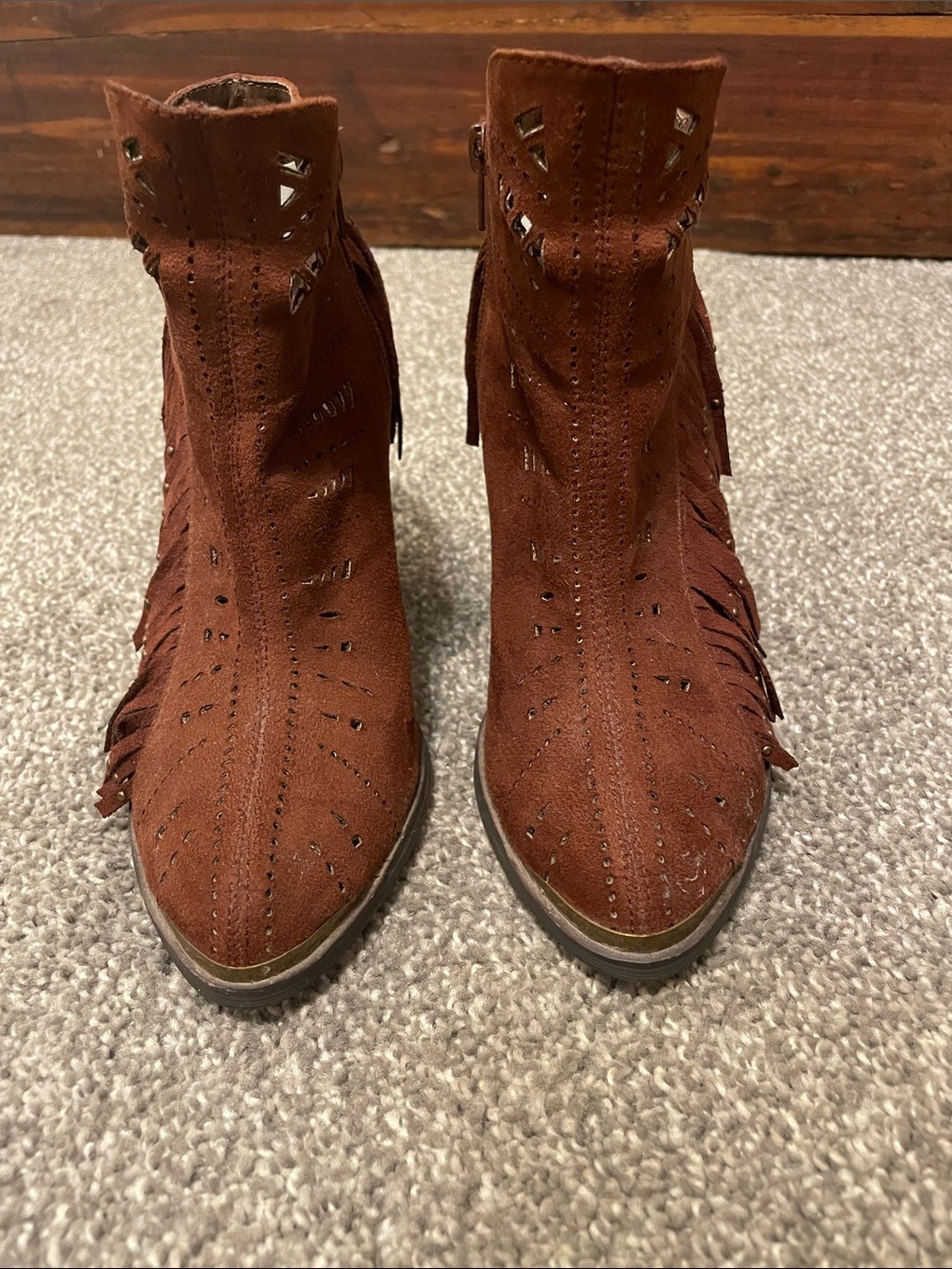 Fringed Suede Ankle Booties - Rust Brown - Picture 6 of 8